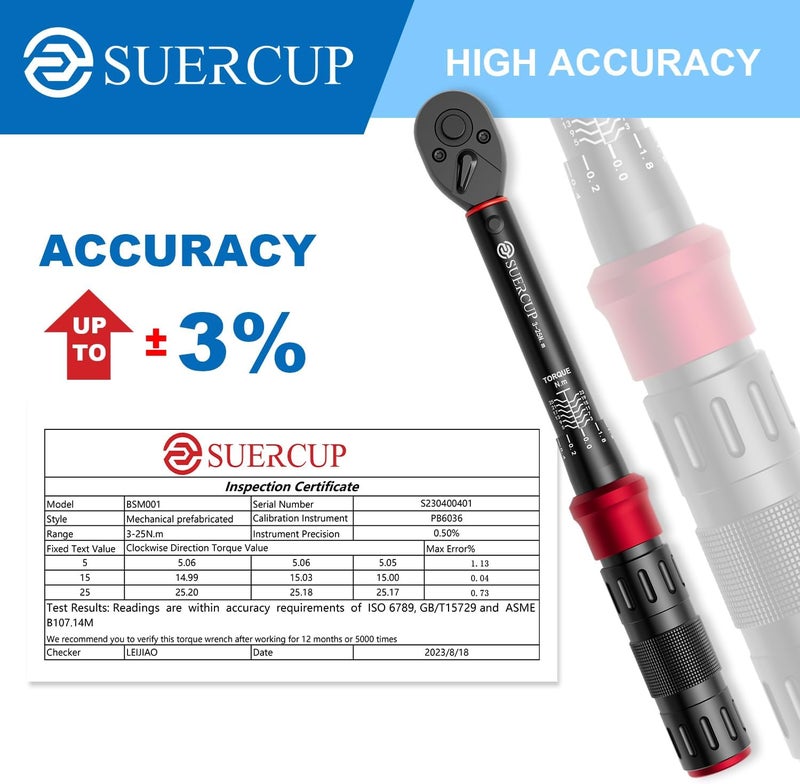 SUERCUP 1/4-Inch Drive Click Torque Wrench, 18 PCS Bike Torque Wrench Set 3-25Nm, Dual-Direction Adjustable 72 Tooth Click Torque Wrench, Used for Bicycle Maintenance - Image 2